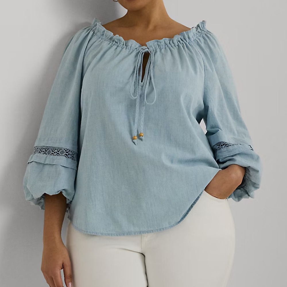 Lauren Ralph Lauren Black Label Chambray Lace Trim Boho Blouse Size 2X Plus Size